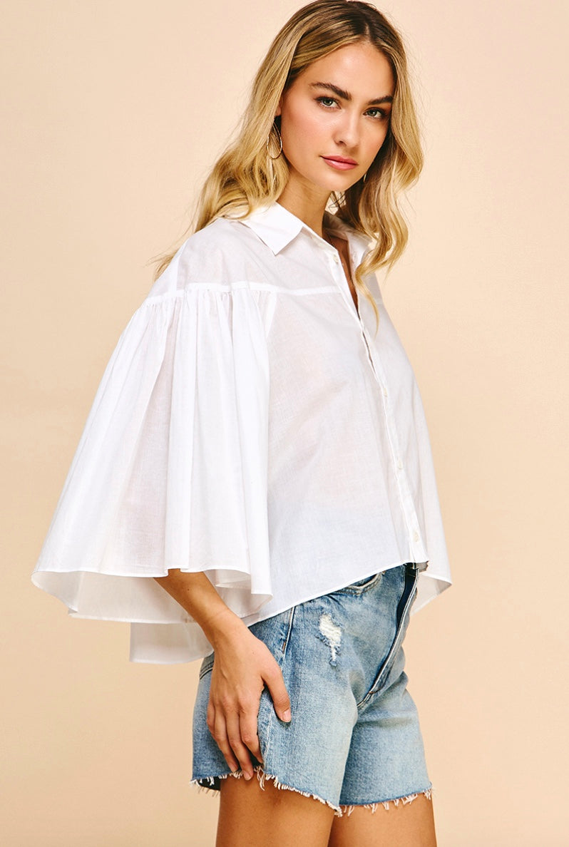 White Bell Sleeve Button Down Shirt