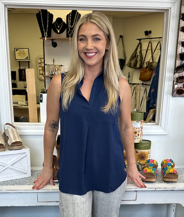 Classic Charm Navy Sleeveless Blouse