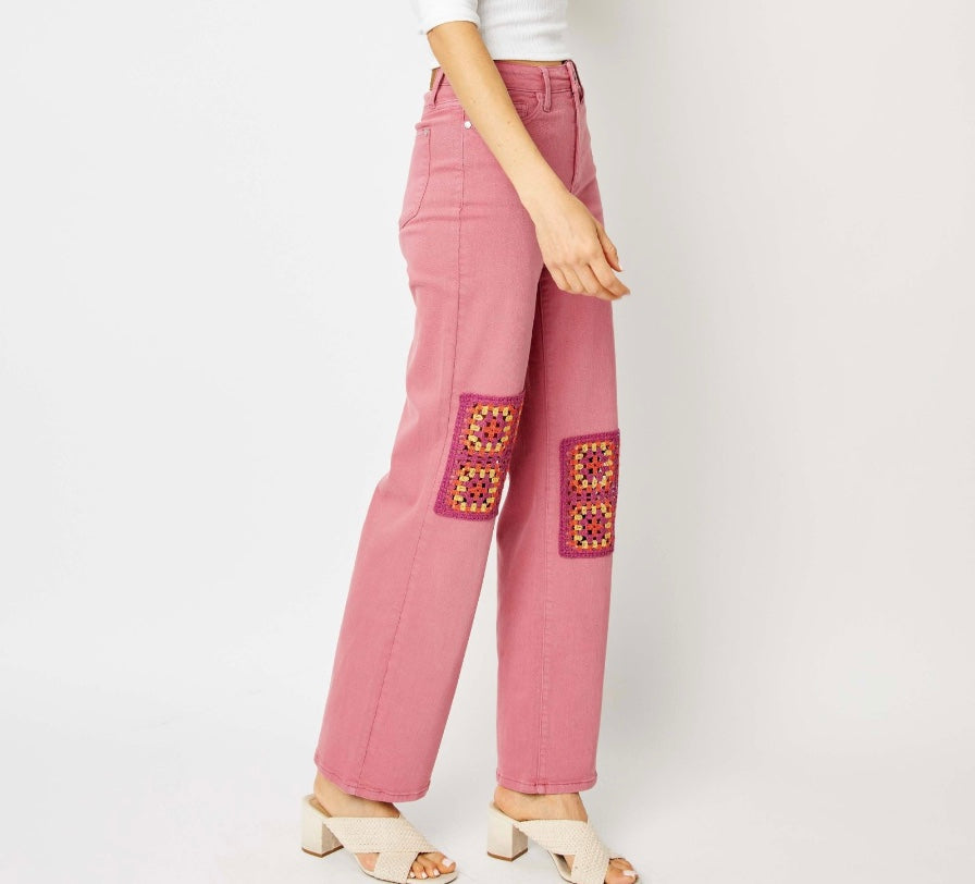 Judy Blue High Waist Dusty Pink Dyed Crochet Patch Wide Leg Jeans