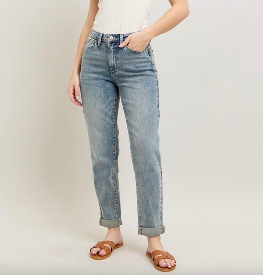 Judy Blue High Waist Vintage Wash Double Roll Cuff Boyfriend Jeans
