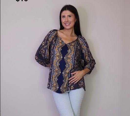 Paisley Print Boho 3/4 Sleeve Blouse