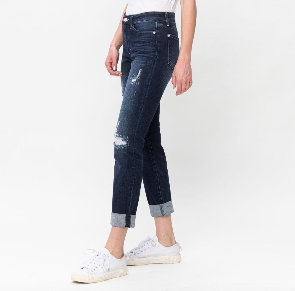 Judy Blue Mid Rise Stitched Destroyed Double Cuff Boyfriend Jeans