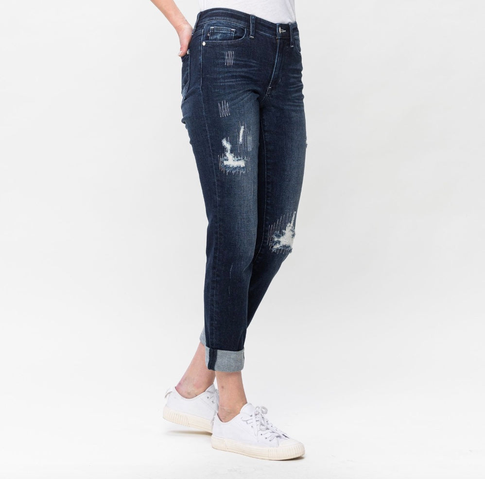 Judy Blue Mid Rise Stitched Destroyed Double Cuff Boyfriend Jeans
