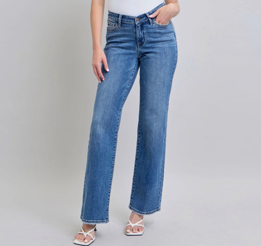Judy Blue Samantha Mid Rise V-Front Vintage Wash Straight Leg Jeans