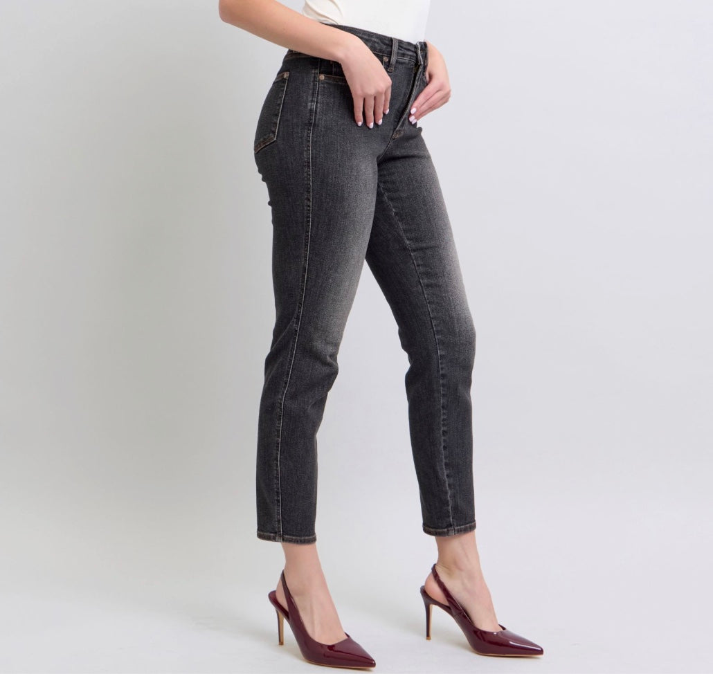 Judy Blue Mid Rise Washed Black Tummy Control Slim Jeans