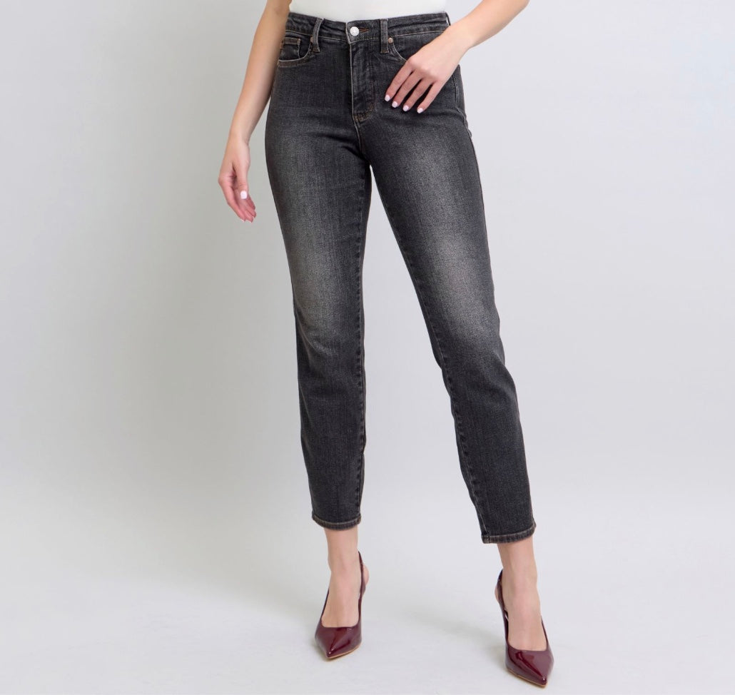 Judy Blue Mid Rise Washed Black Tummy Control Slim Jeans