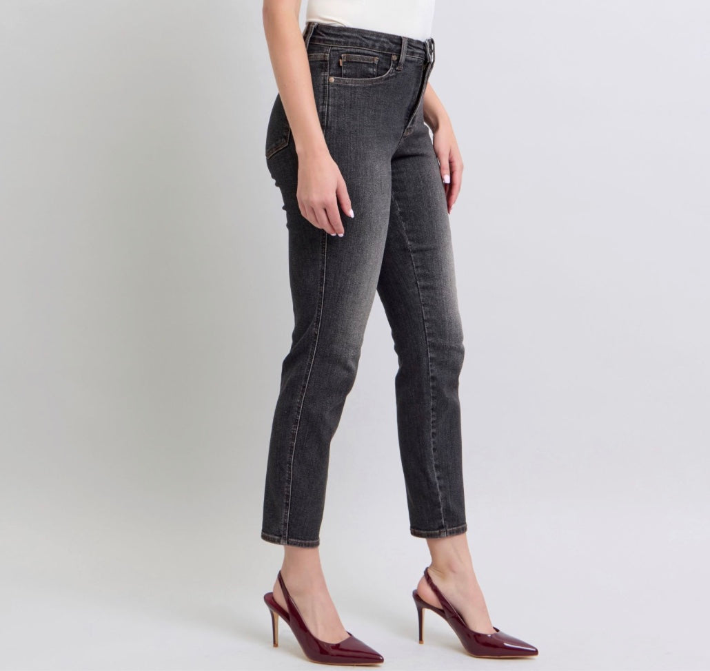 Judy Blue Mid Rise Washed Black Tummy Control Slim Jeans