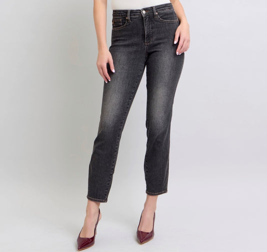 Judy Blue Mid Rise Washed Black Tummy Control Slim Jeans
