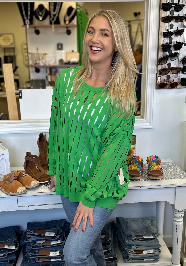 Verde Pappardelle Cutout Sweater | Lightweight Green Statement Sweater