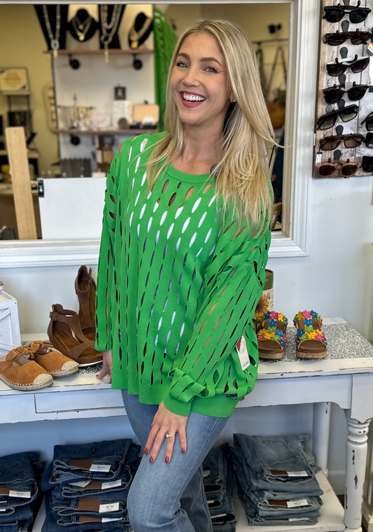 Verde Pappardelle Cutout Sweater | Lightweight Green Statement Sweater