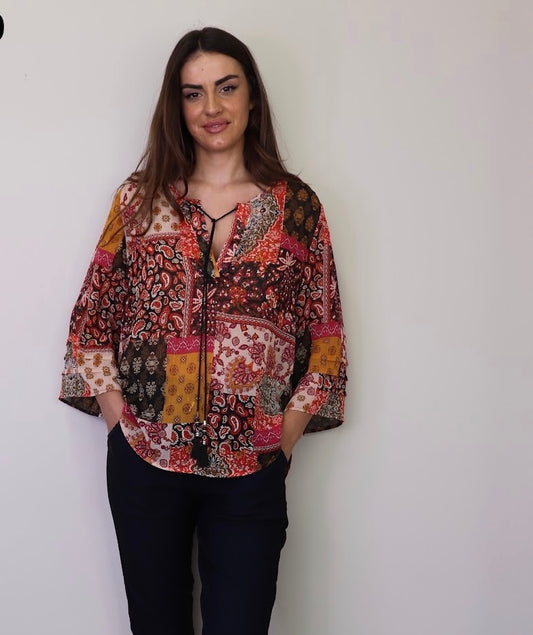 Lurex Tie Neck High Low Patch Print Blouse