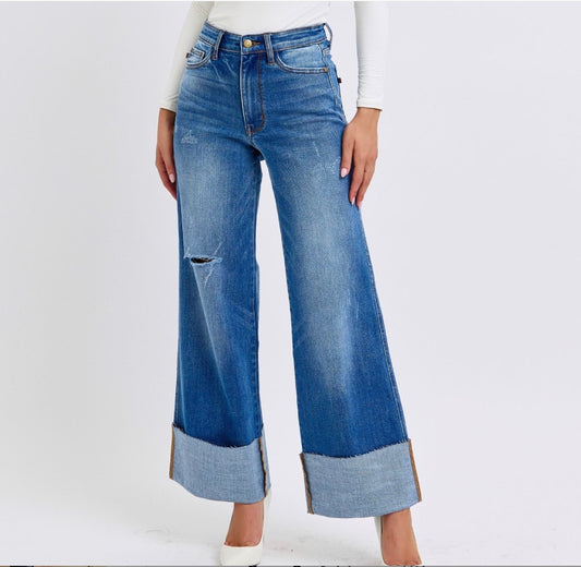 Judy Blue High Waist Retro Cuffed Wide Leg Jeans