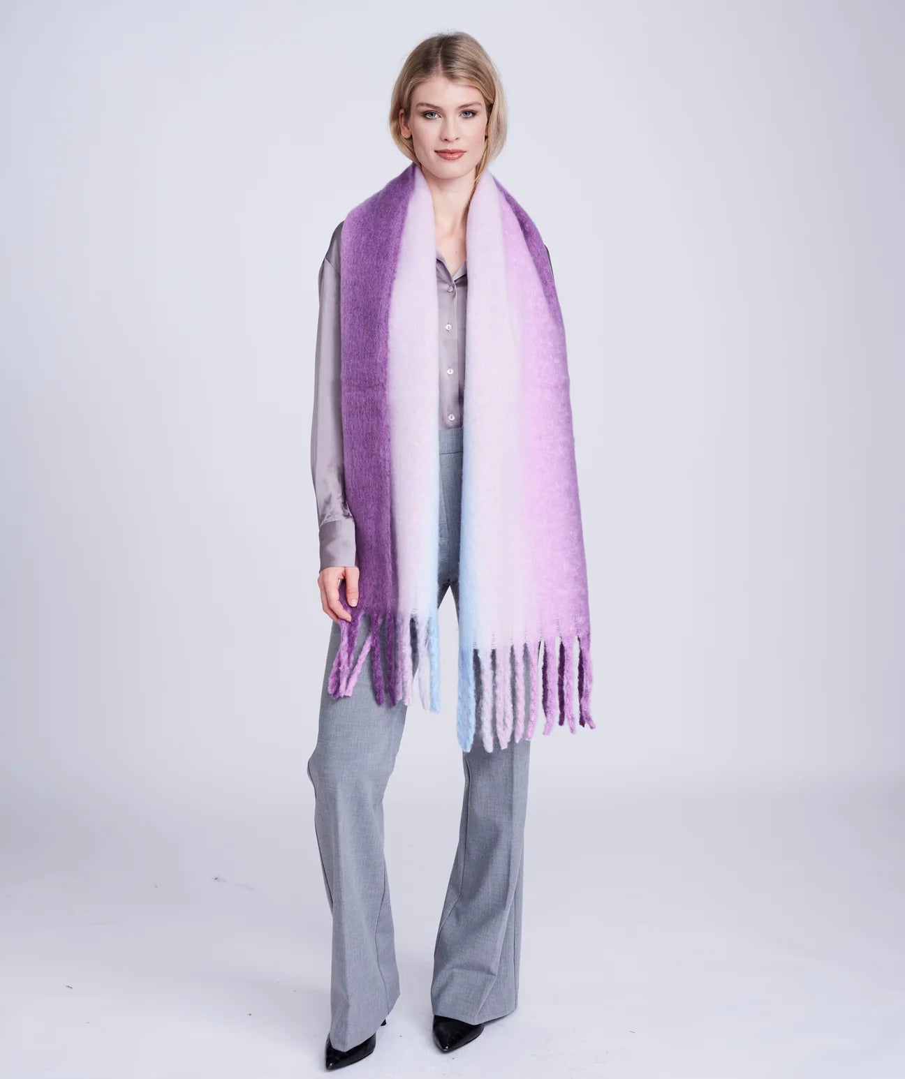 Purple Lilac Ombre Blanket Scarf With Tassel Fringing