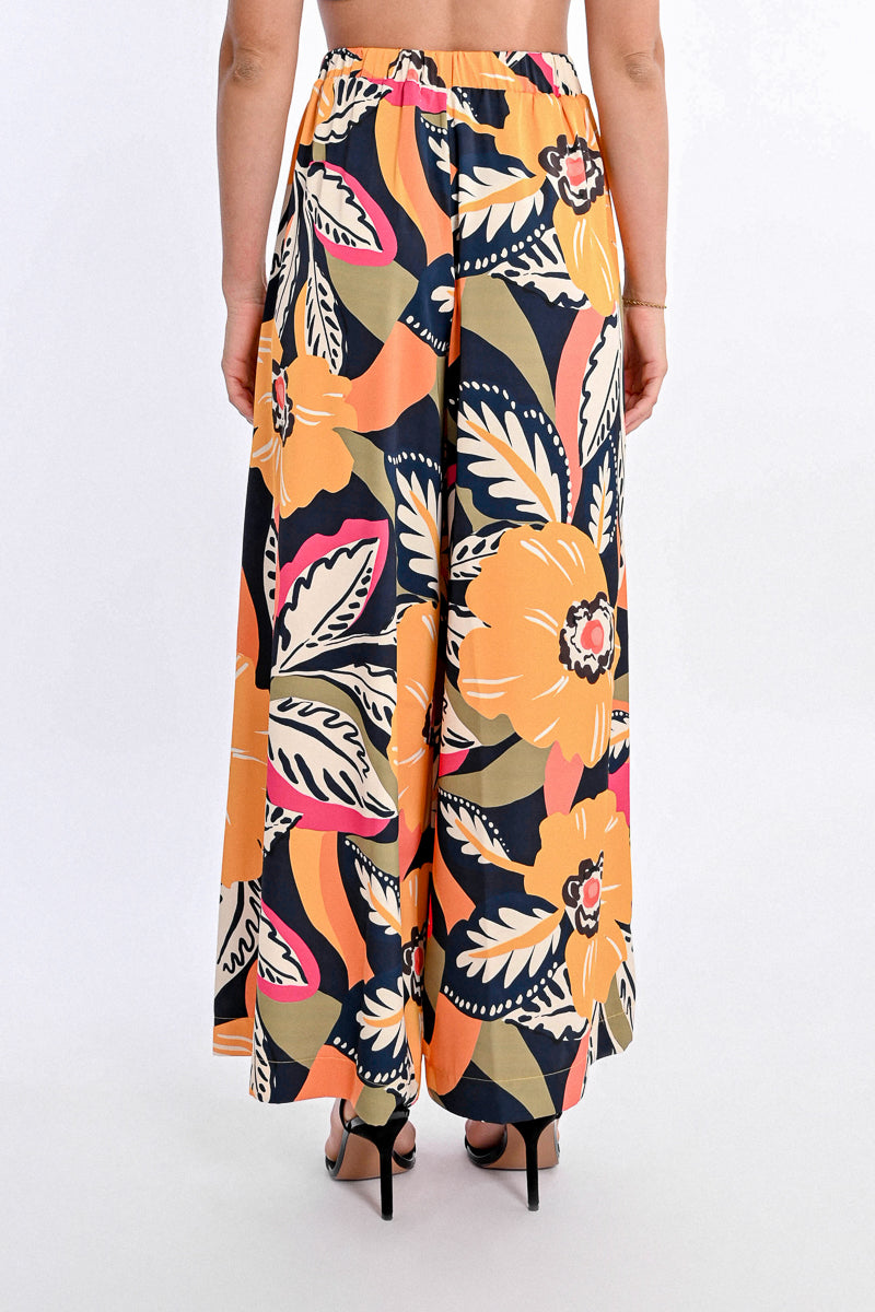 Tropical Floral Print Wide Leg Pants