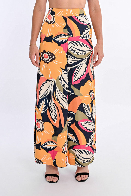 Tropical Floral Print Wide Leg Pants