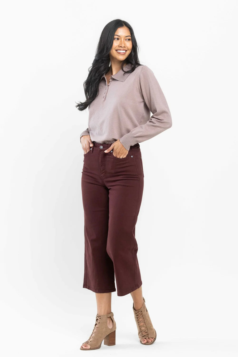 Judy Blue Eva High Rise Tummy Control Burgundy Wide Leg Jeans