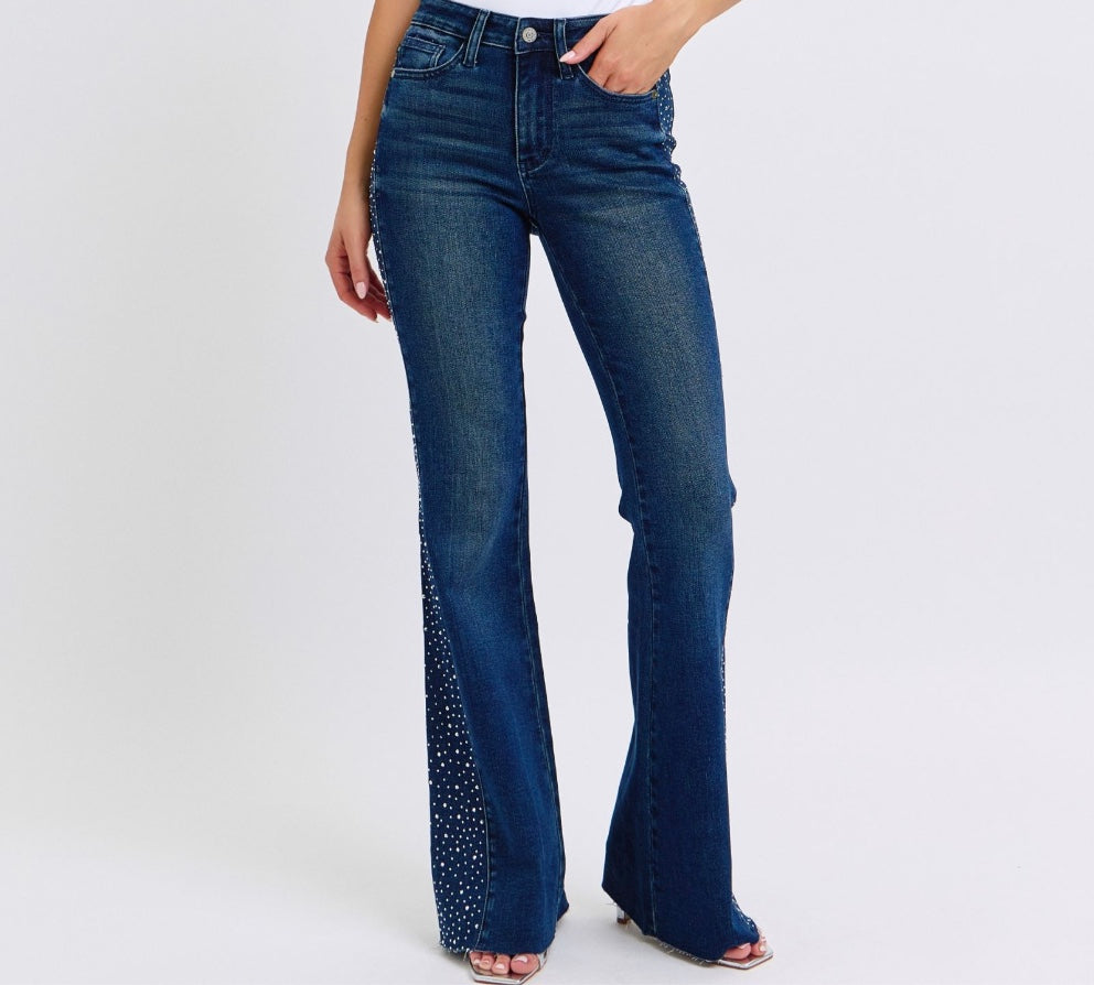 Judy Blue Mid Rise Rhinestone Side Panel Detail Jeans Pizzazz Beloit