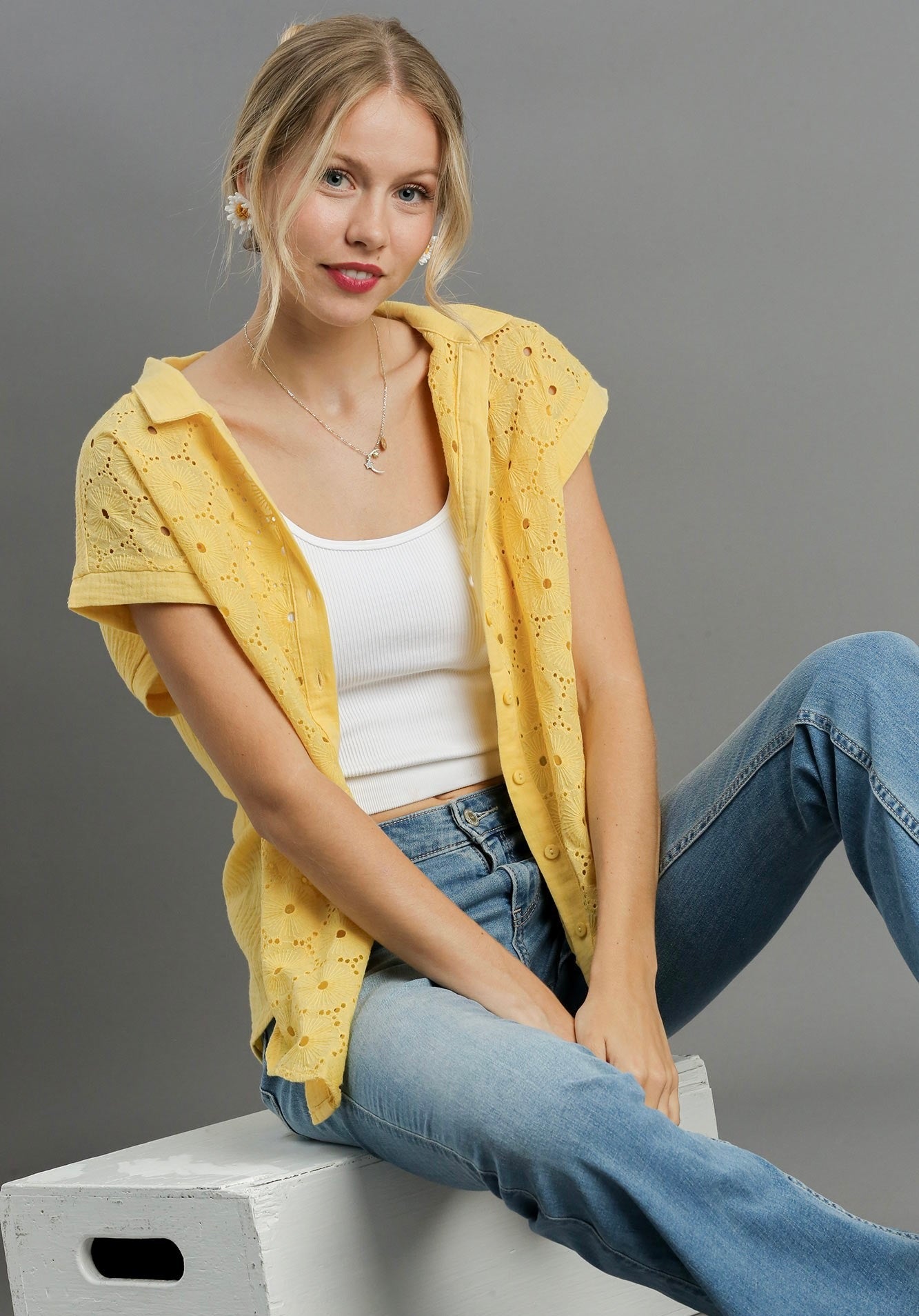 Cotton Lemon Eyelet Button Down Shirt