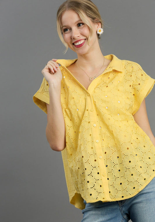 Cotton Lemon Eyelet Button Down Shirt