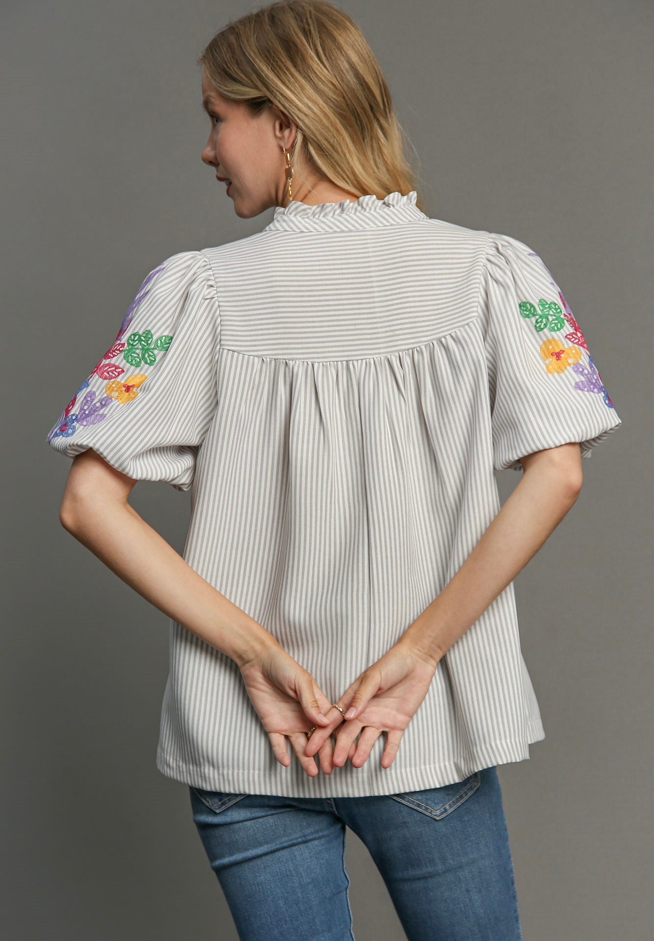 Whimsical Embroidered Stripe Pleated Top