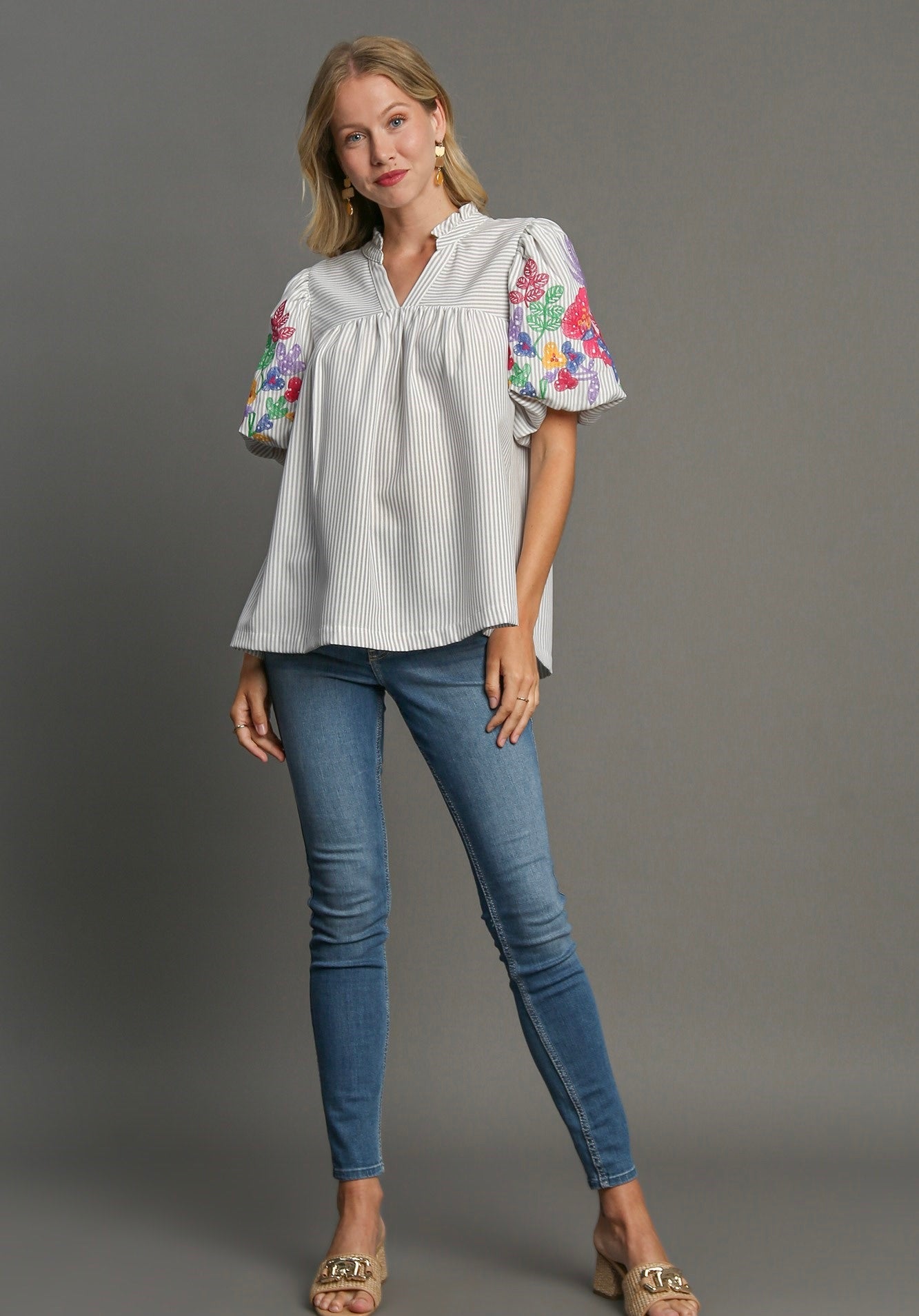 Whimsical Embroidered Stripe Pleated Top