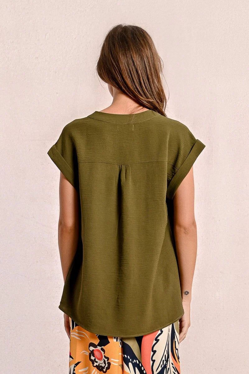 Khaki V-Neck Fluid Cap Sleeve Blouse Back View Pizzazz Beloit 