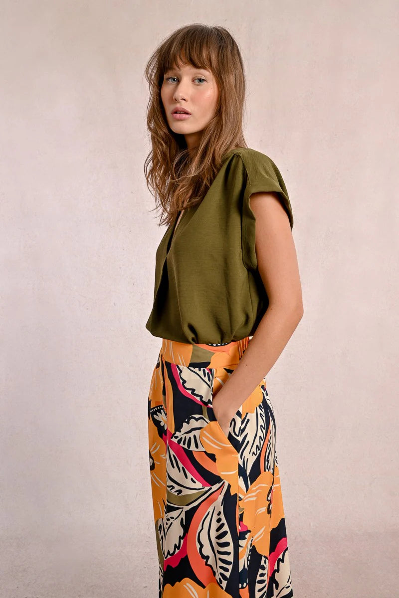 Khaki V-Neck Fluid Cap Sleeve Blouse Side View Pizzazz Beloit 