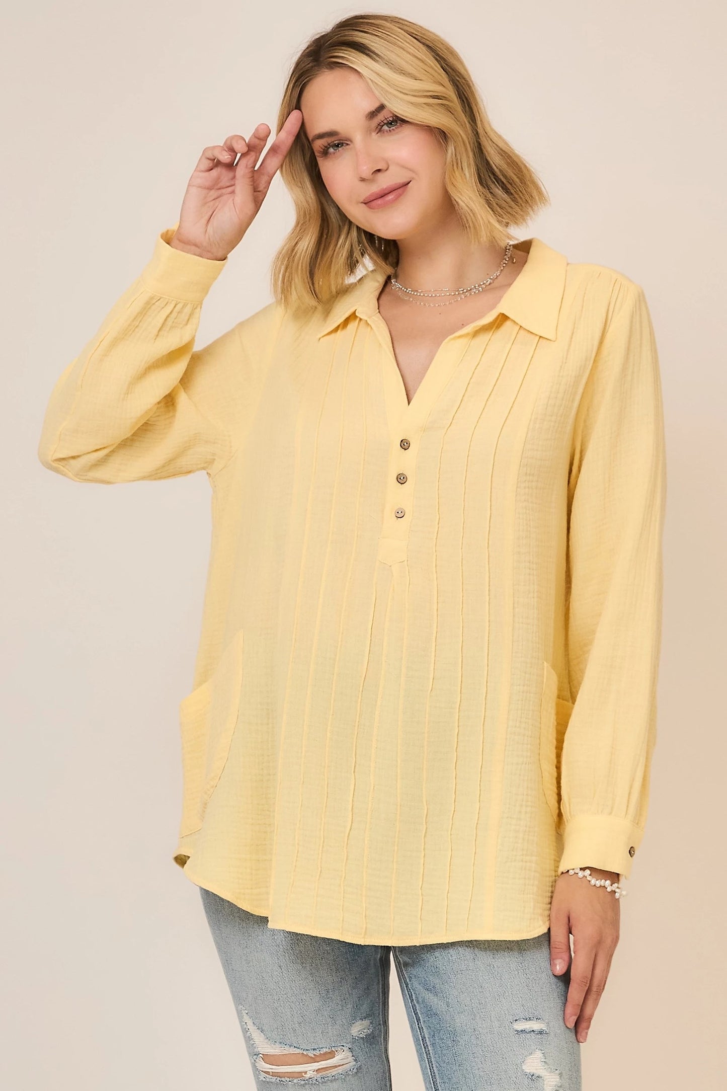 Sunshine Charm Pleated Button Down Blouse