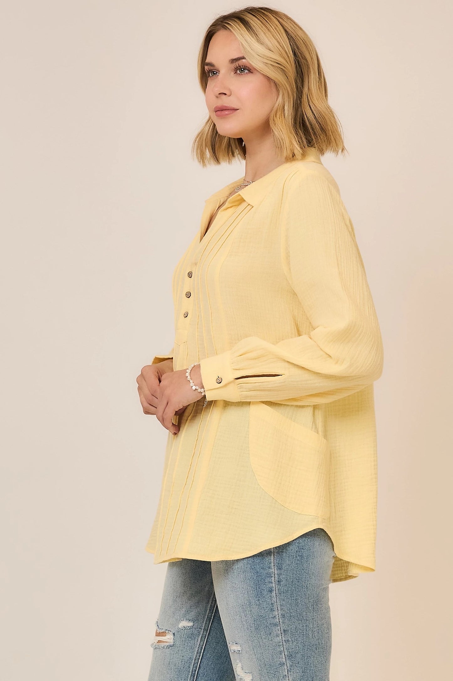Sunshine Charm Pleated Button Down Blouse