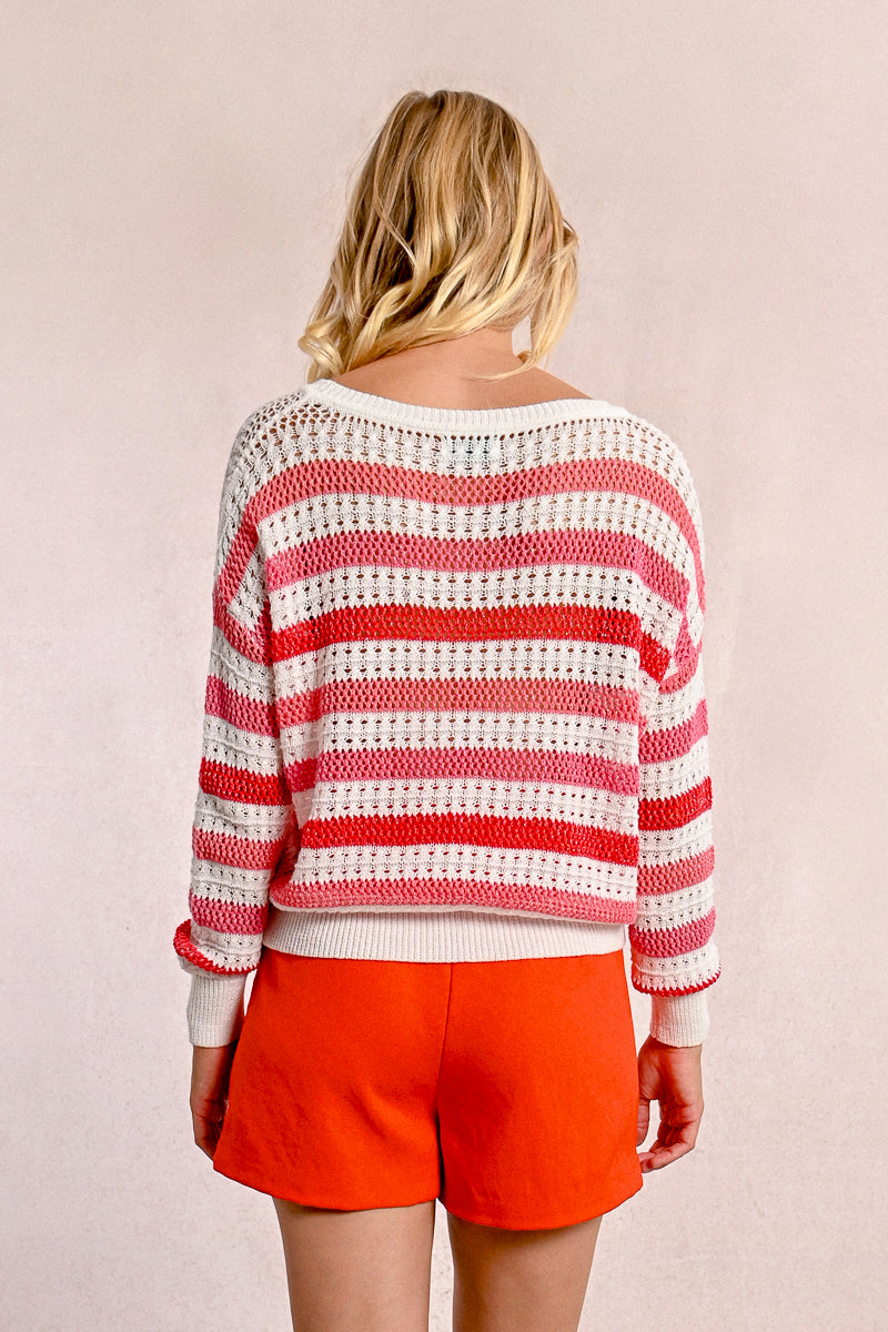 Coral Stripe Open Knit Sweater