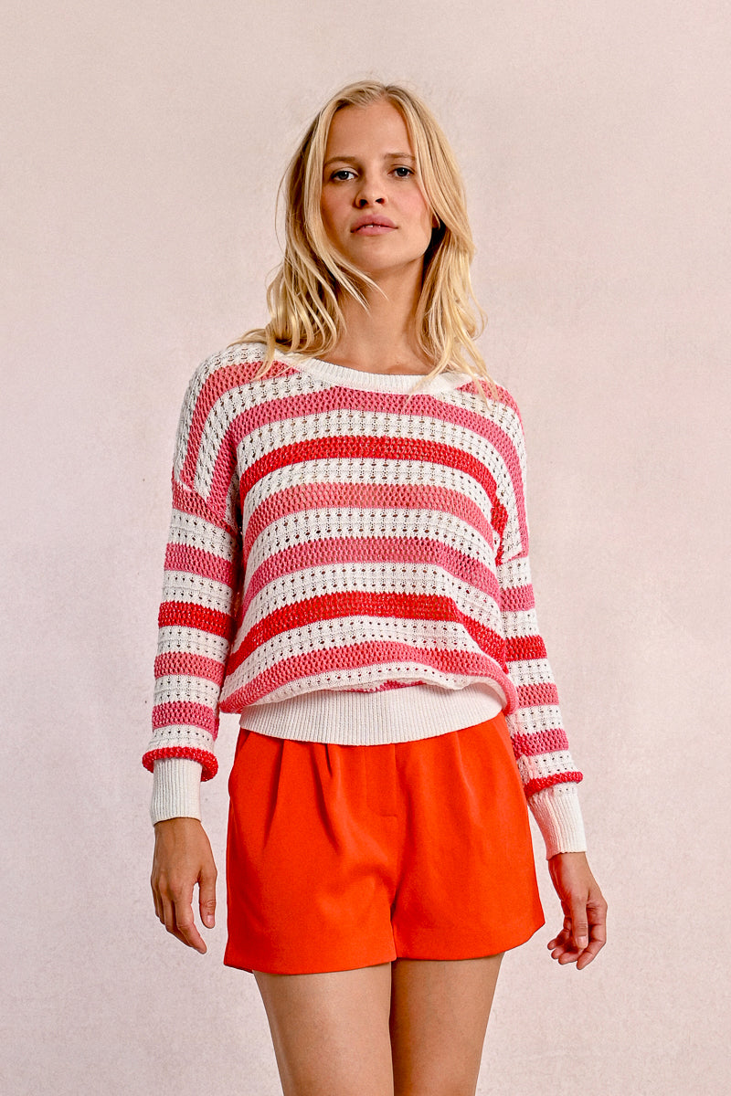 Coral Stripe Open Knit Sweater