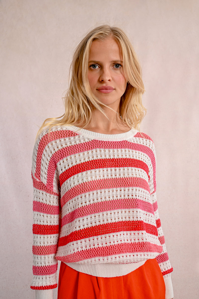 Coral Stripe Open Knit Sweater