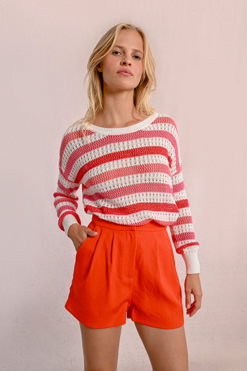 Coral Stripe Open Knit Sweater