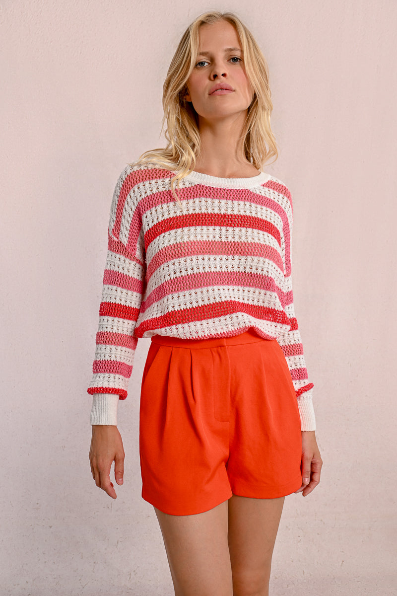 Coral Stripe Open Knit Sweater