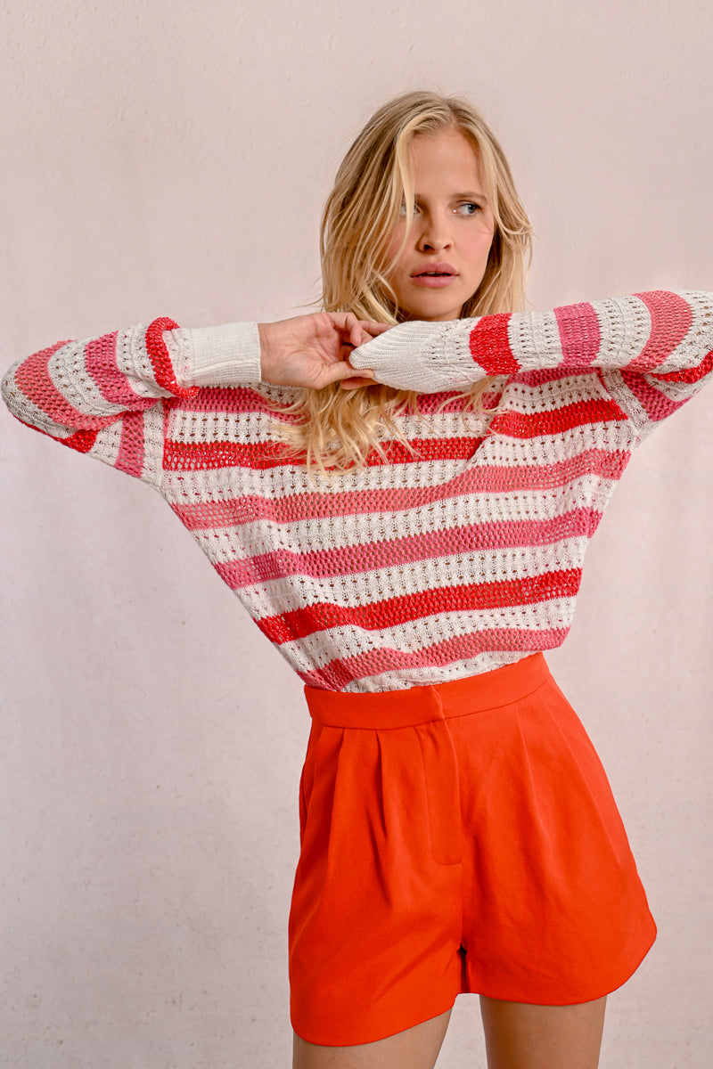 Coral Stripe Open Knit Sweater