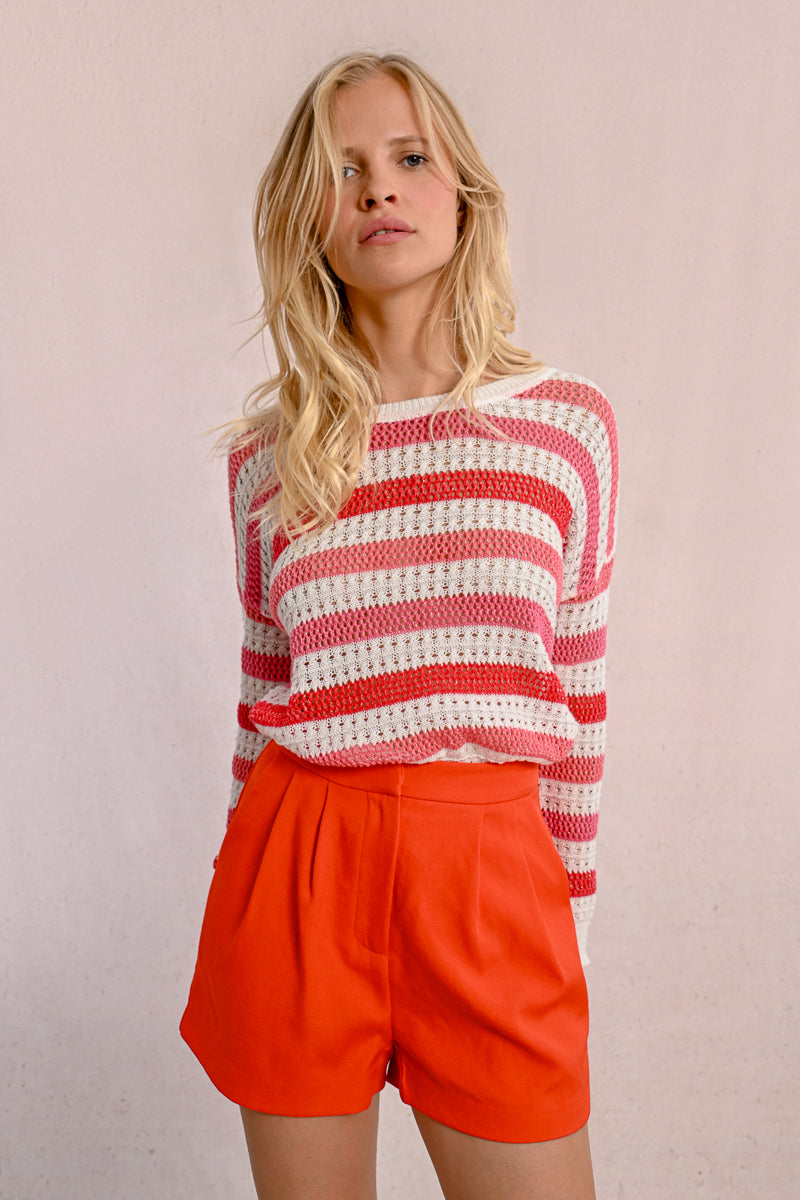 Coral Stripe Open Knit Sweater