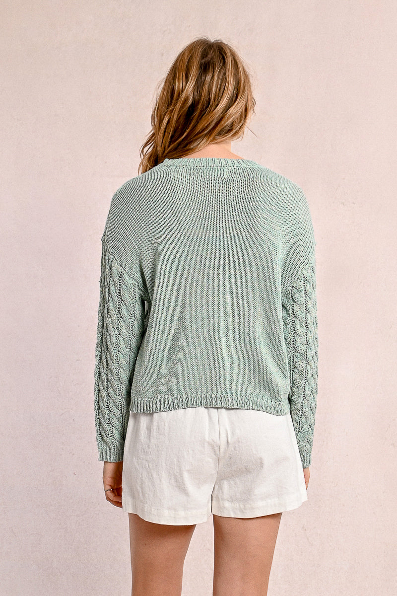 Seafoam Spring Cable Knit Sweater