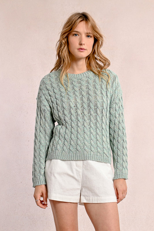 Seafoam Spring Cable Knit Sweater