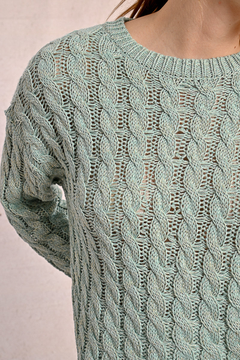 Seafoam Spring Cable Knit Sweater