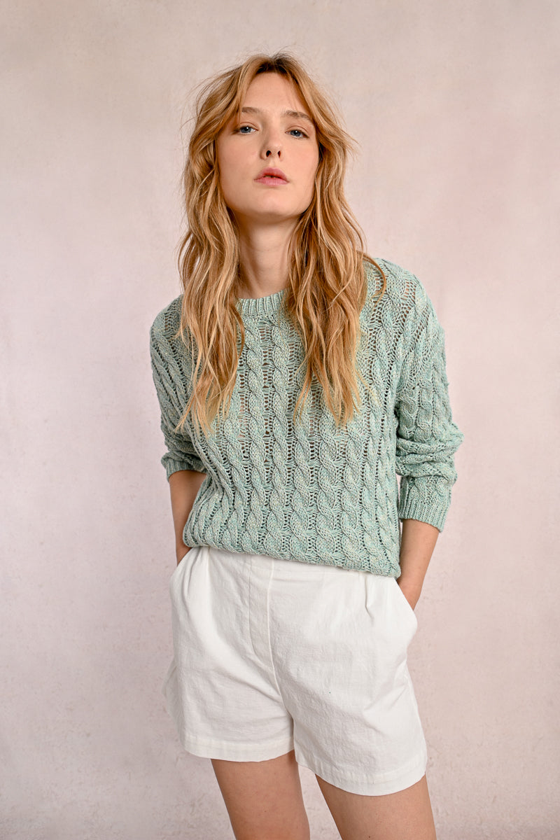 Seafoam Spring Cable Knit Sweater