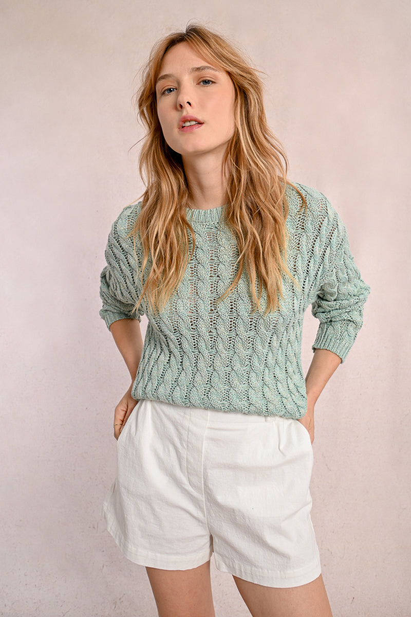 Seafoam Spring Cable Knit Sweater