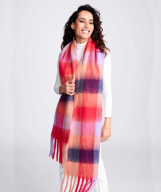 Multicoloured Checked Blanket Scarf With Twisted Fringes