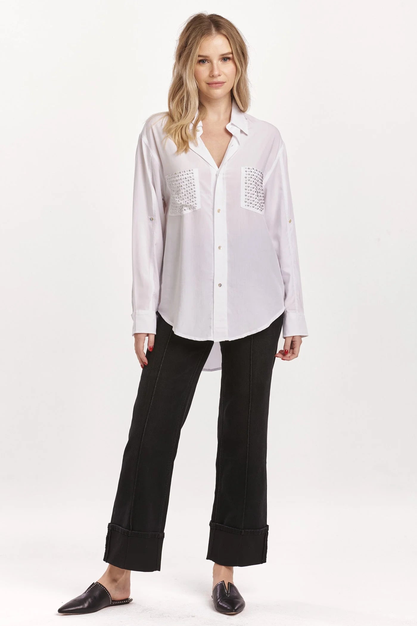 Lola Oversized White Star Studded Button Up Shirt Pizzazz Beloit