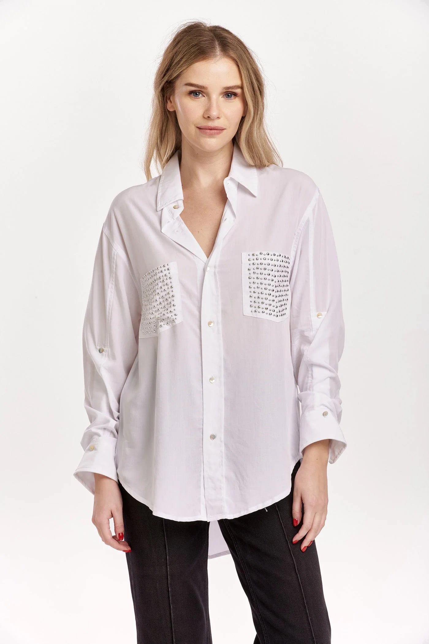 Lola Oversized White Star Studded Button Up Shirt Pizzazz Beloit