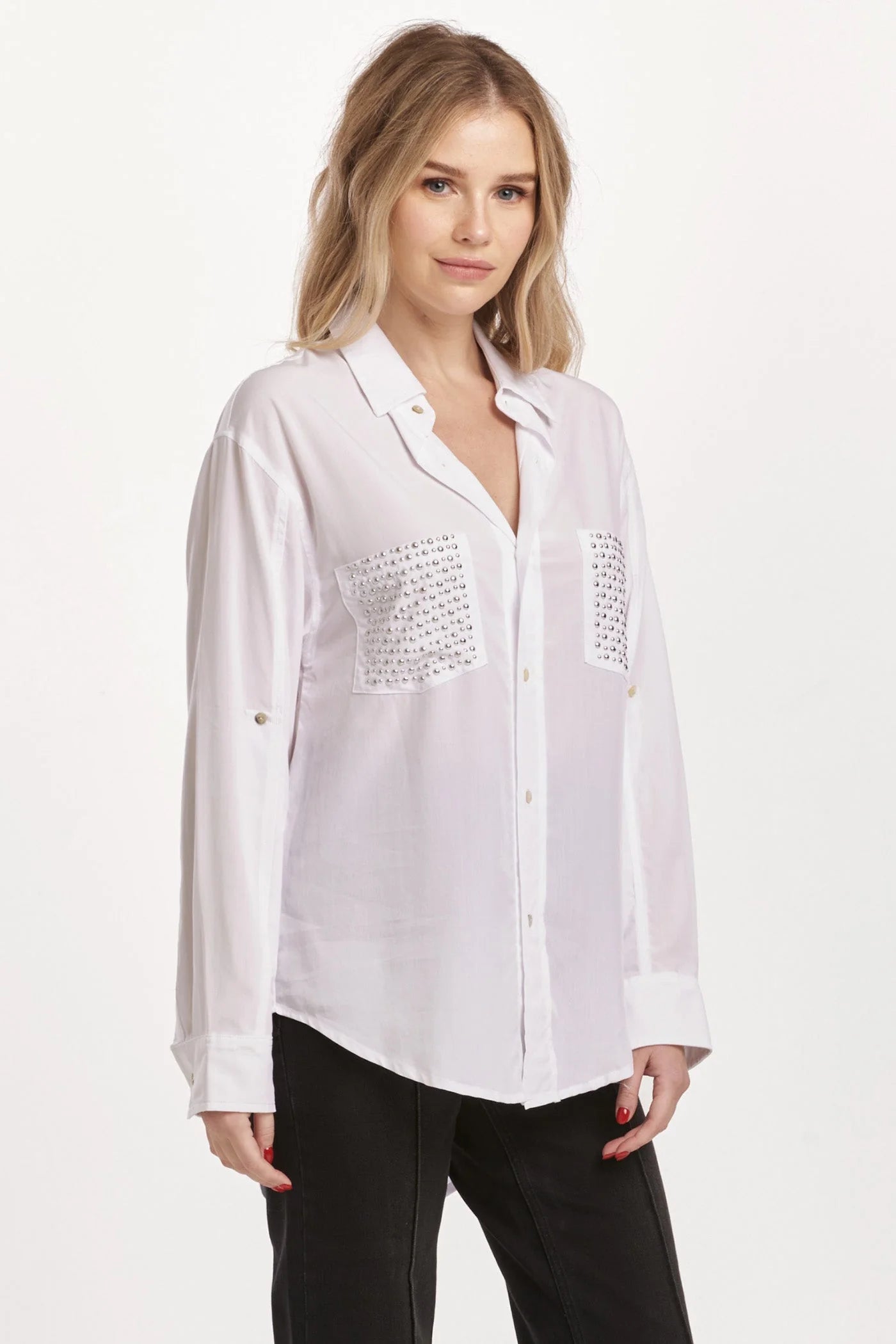 Lola Oversized White Star Studded Button Up Shirt Pizzazz Beloit