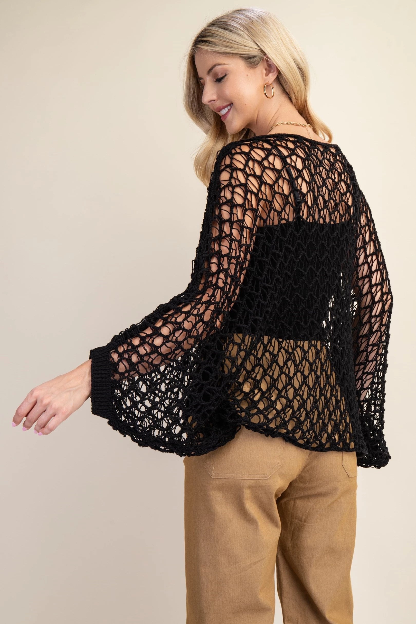 Loose Fit Bat Wing Crochet Sweater Black Back View Pizzazz Beloit