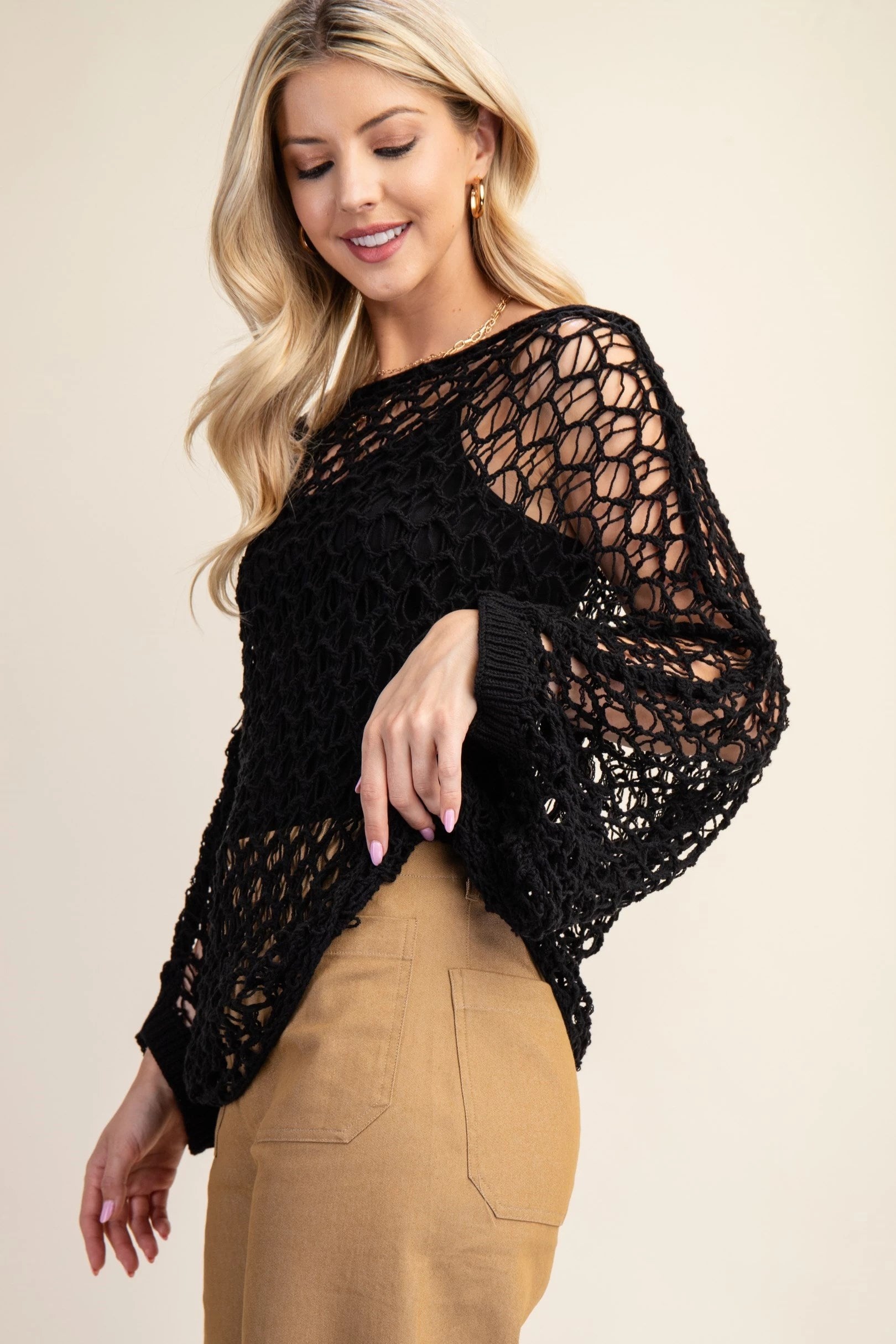 Loose Fit Bat Wing Crochet Sweater Black Pizzazz Beloit