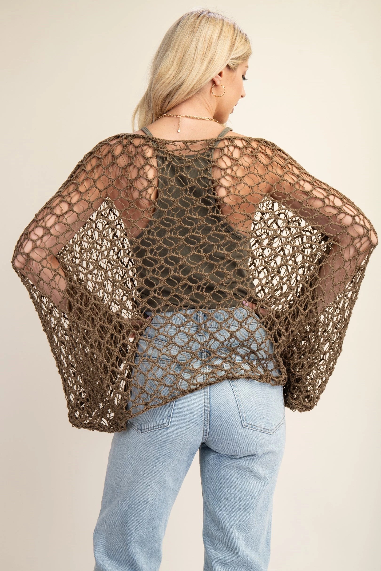 Loose Fit Bat Wing Crochet Sweater Olive Pizzazz Beloit
