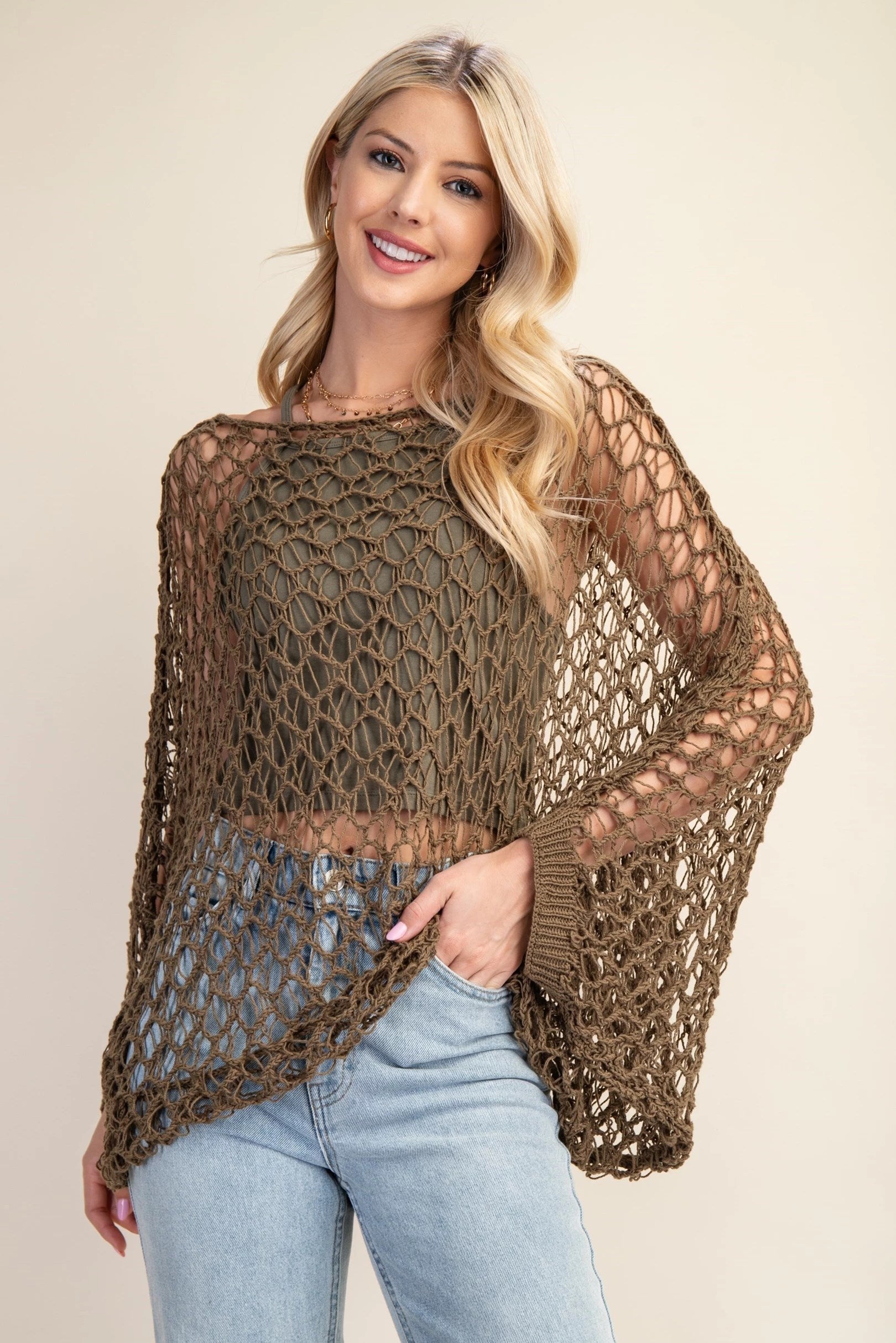 Loose Fit Bat Wing Crochet Sweater Olive Pizzazz Beloit