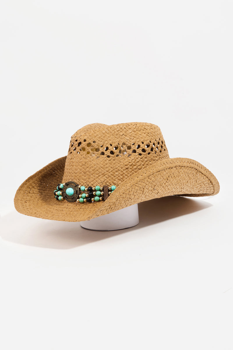 Beaded Decor Straw Weave Cowboy Hat